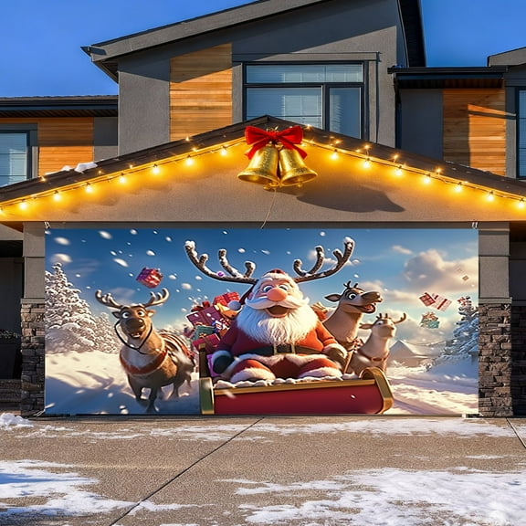 Christmas Party Background Decoration Santa Photography Garage Door Banner 7x16 Ft - Festive Holiday for Home and Events