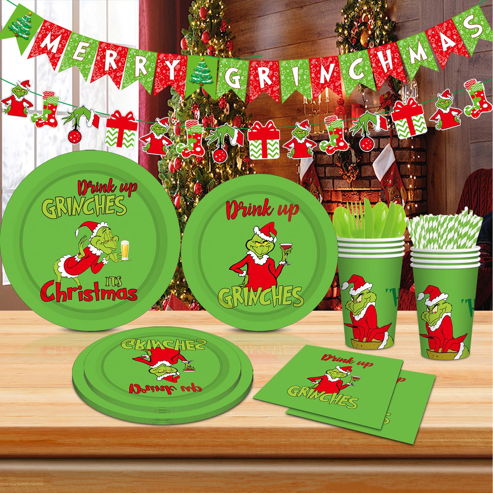 Christmas Party Cutlery and Dinnerware Set for 10 Guests, Fun Grinch ...