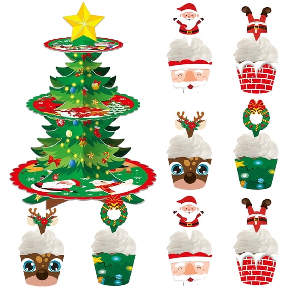 Christmas Party Decorations, 13 Pcs Christmas Tree Cupcake Stand Set, 1 Christmas Dessert Tower with 6 Cupcake Toppers and 6 Wrappers for Christmas Party Supplies