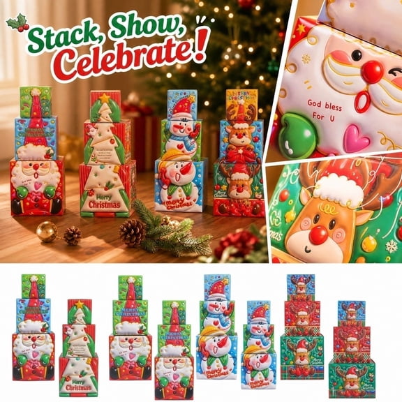 Christmas Party Decorations, 3 Pack Nesting Christmas Boxes with Cute Santa 3D Print, Multicolor Small Gift Boxes with Lids for Holiday Gifting, Stackable Christmas Decorative