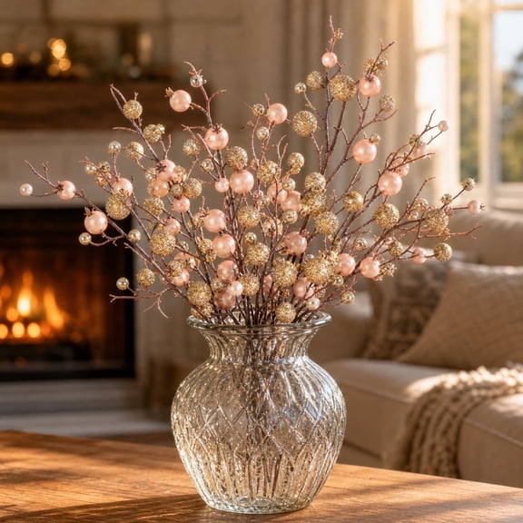 Christmas Party Decorations, Artificial Stems for Vase, Pink Christmas Decor, Gold Home Decor, 22 Inch Pink Gold Pearl Faux Berry Sprigs for Wedding Table Decor, Dining Table