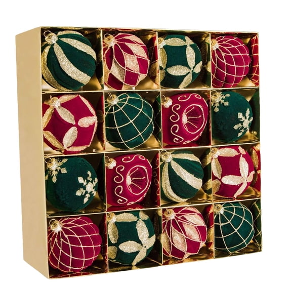 Christmas Party Decorations, Decorative Hanging Ornaments, Burgundy Party Decorations, Gold Party Decorations, 16Pc Glitter Accent Flocked Christmas Ball Ornaments, 3 Inch