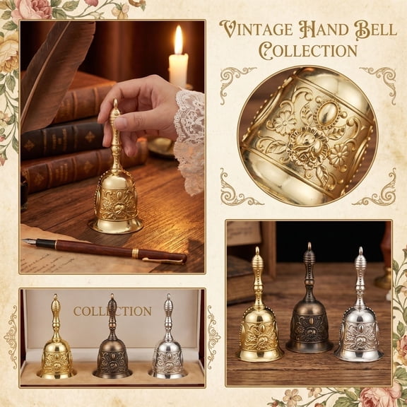 Christmas Party Decorations, Gold Party Decorations, Wedding Table Decor, Party Table Decorations, 4.5X2 Inch 1Pc Solid Gold Engraved Hand Bell, Vintage Embossed Brass Service