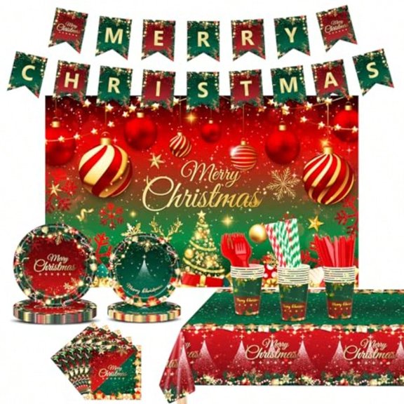 Christmas Party Decorations Merry Christmas Party plies with Xmas Tree and Balls Theme Disposable Tableware with Paper Plates Napkins Cups Tableclot Banner Background Cloth Serves 20