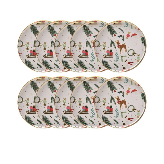 Christmas Party Disposable Paper Plates and Cups Set 10-Pack Festive Gold Stamping Leak-Resistant for Family Gatherings Banquets Holiday Decorations