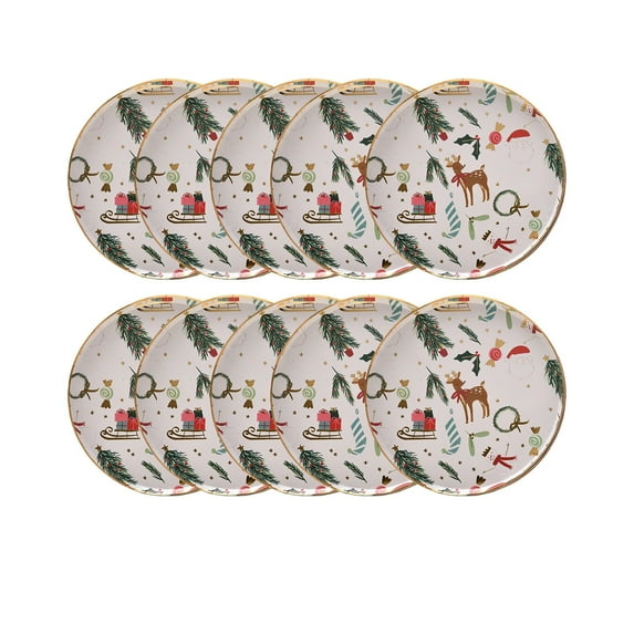 Christmas Party Disposable Tableware Set, 10-Pack Paper Plates with Gold-Stamped Santa & Reindeer Design, Festive Holiday Supplies for Dinner, Banquet, and Celebration