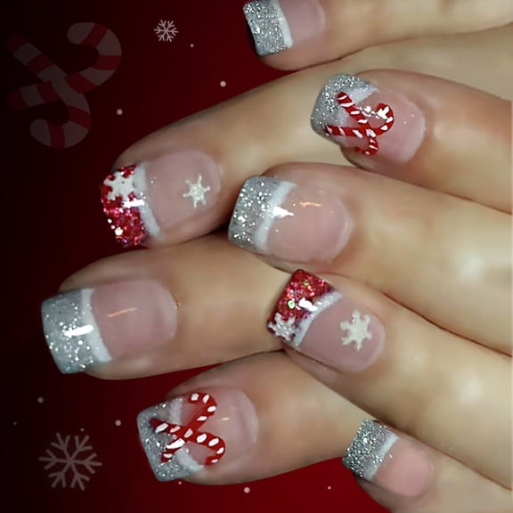 Christmas Party Fake Nail Sparkling Snowflake Pattern Silver French Tips