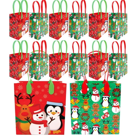 Tinymills Christmas Treat Bags with Handles, Reusable Assorted Plastic Gift Bags, 12 Pack
