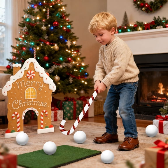 Christmas Party Game Gingerbread House Mini Golf Game Set with Candy Cane Sticks & Soft Balls Holiday Indoor Activity for Family Gathering