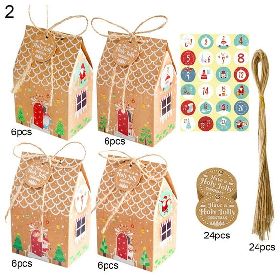 Christmas Party Gift Boxes Set - 24 Pieces Gingerbread House Design Craft Paper Candy Boxes for Xmas Assortment and Advent Calendar, Version B