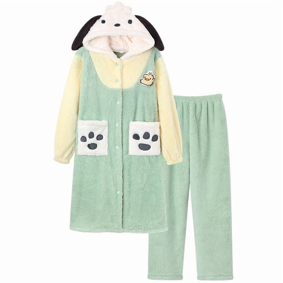 Christmas Party Gifts Sanrio Cinnamoroll Pompompurin Women 2Pcs Plush Pajamas Sleeping Robe Pants Winter Warm Homewear