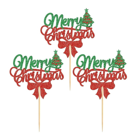 Christmas Party Gold Glitter Paper Cake Toppers Set of 3 Big Flag Decoration Accessories for Cupcakes Desserts Holiday Celebrations Party Favors and Festive Treats