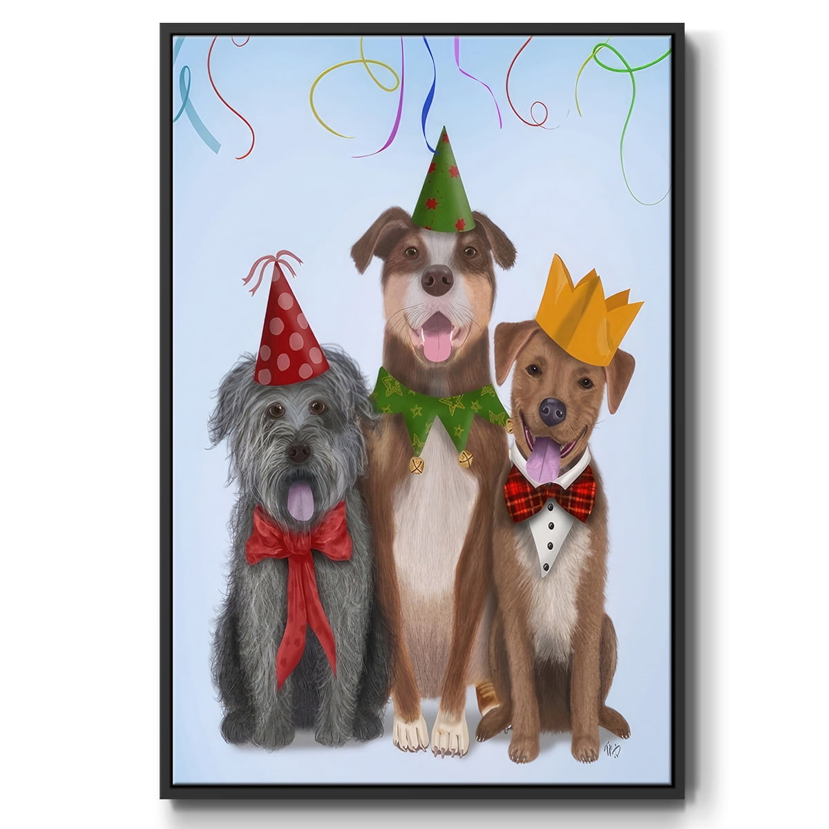 Christmas Party Mutts - Framed Gallery Wrapped Holiday Canvas - 25 x 37 - Black Frame