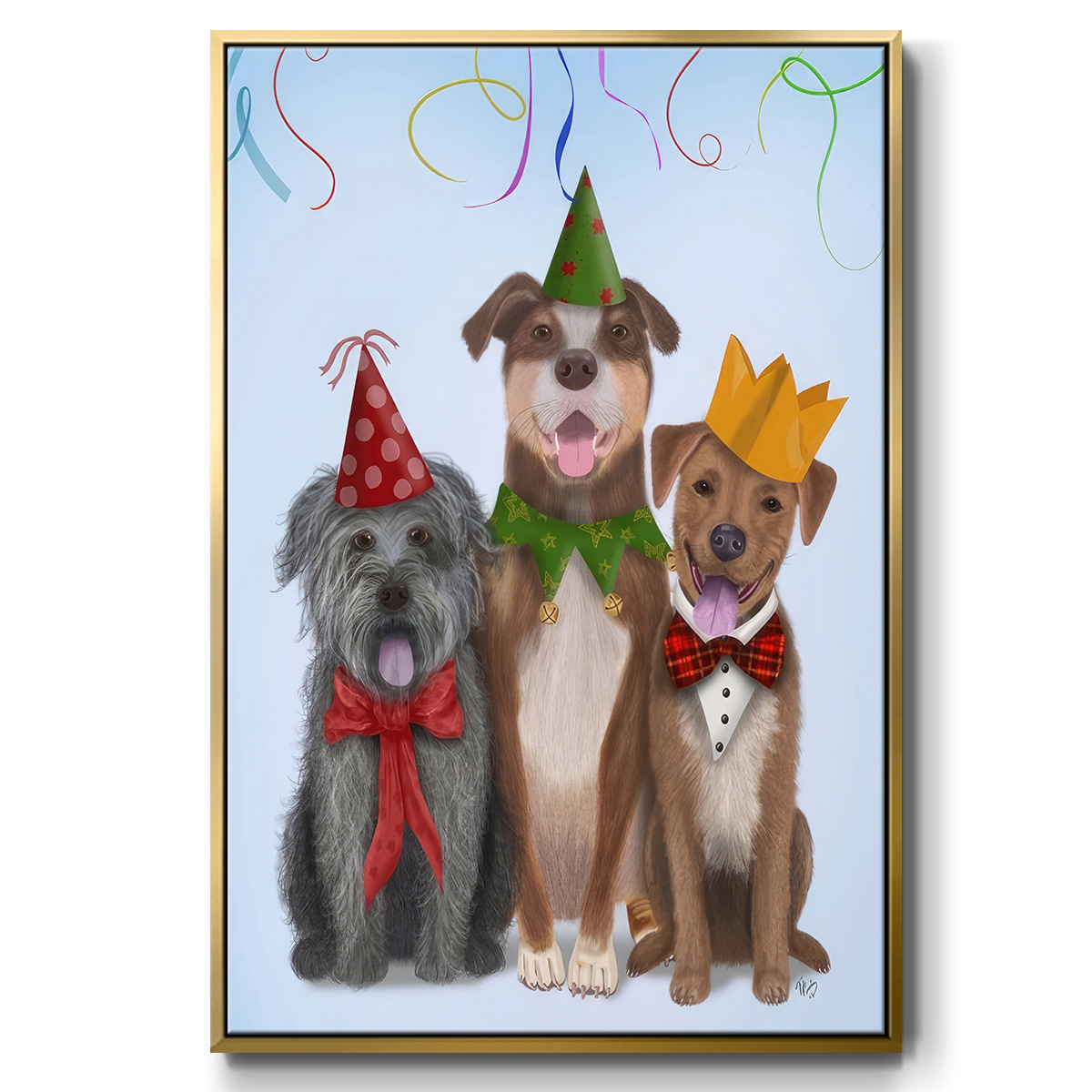 Christmas Party Mutts - Framed Gallery Wrapped Holiday Canvas - 25 x 37 - Gold Frame