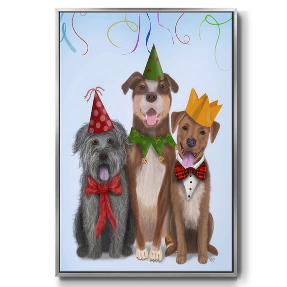 Christmas Party Mutts - Framed Gallery Wrapped Holiday Canvas - 25 x 37 - Silver Frame
