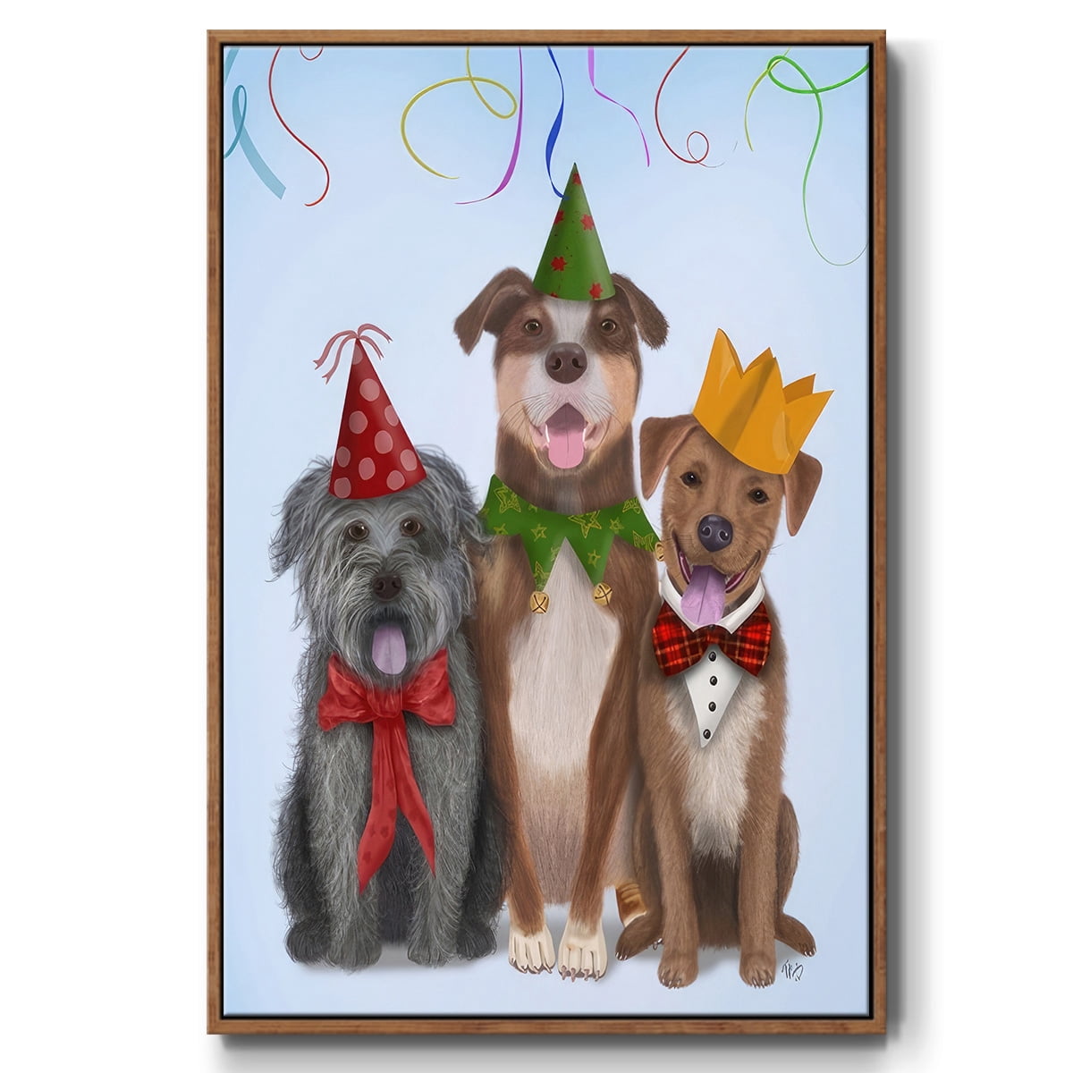 Christmas Party Mutts - Framed Gallery Wrapped Holiday Canvas - 27 x 41 - Rosewood Frame