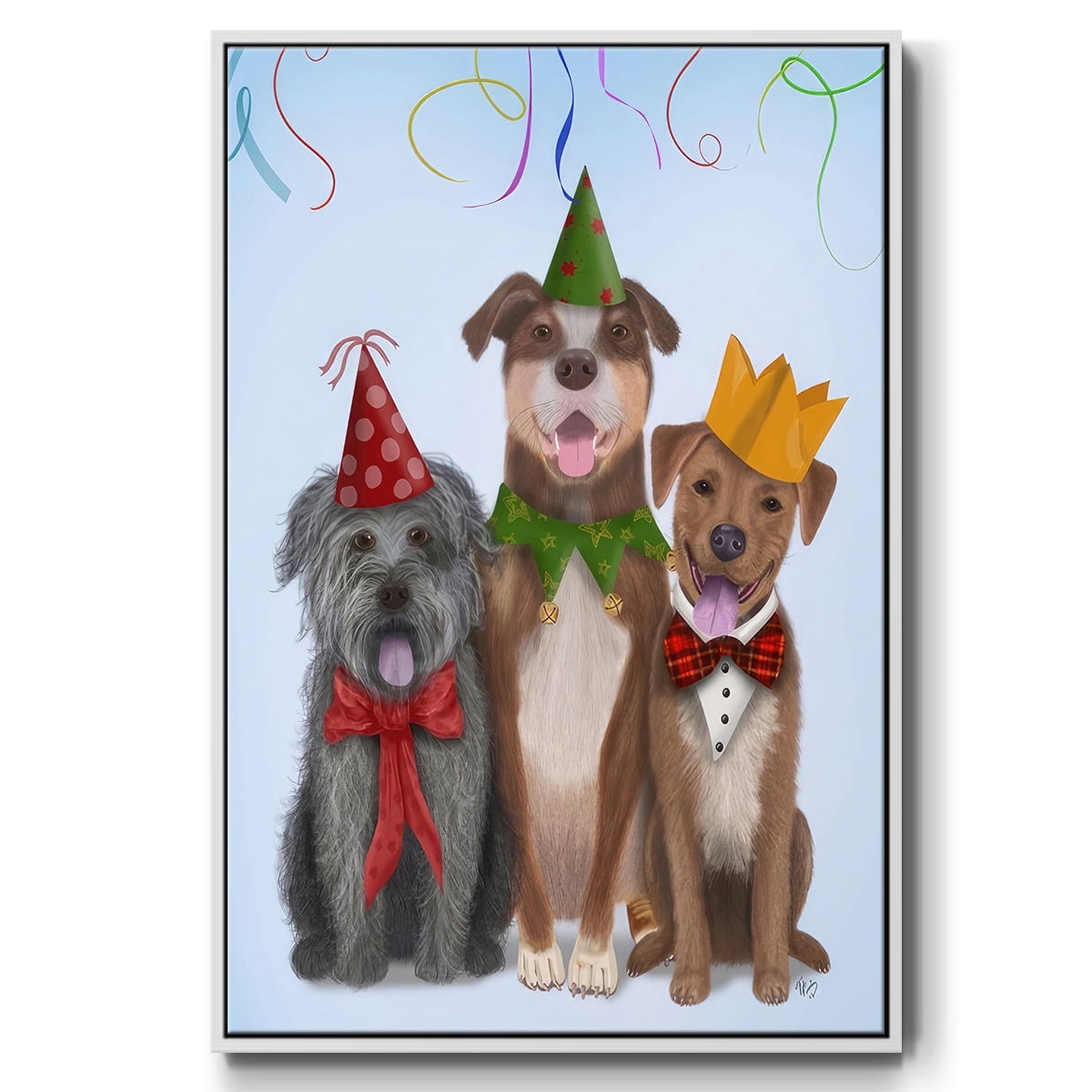 Christmas Party Mutts - Framed Gallery Wrapped Holiday Canvas - 27 x 41 - White Frame