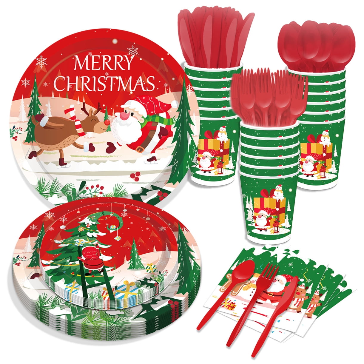 Classic Christmas Tableware Pack: Disposable Paper Plates, Napkins and Cups  Set for 20