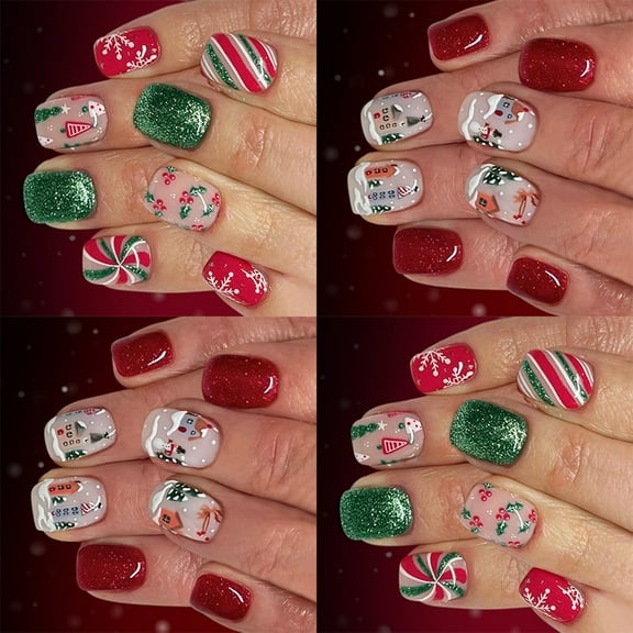 Christmas Party Press On Nail 48Pcs Glittered Square False Nail Red Green French Tips ABS Build DIY Manicure Kit