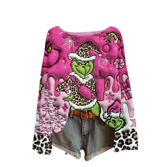 Christmas Party Shirts for Women Loose Soft Long Sleeve Tops Hot Pink Medium