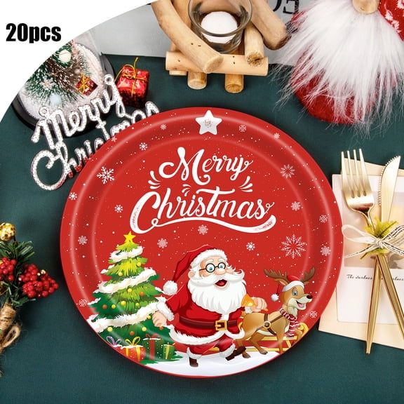 Christmas Party Supplies Disposable Plastic Plates Cups Napkins Set Holiday Dinnerware for Family Gathering Decoration Table Setting(20 pcs 9 in Plates)