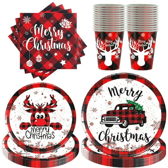 Christmas Party Supplies Red Buffalo Plaid 9'' Dinner Plates 7'' Dessert Plates and Napkins,Paper Cups for Merry Christmas Xmas Holiday Dinner Gifts Birthday Party Decoration