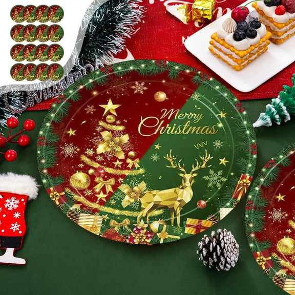 Christmas Party Supplies Red Green Gold Disposable Tableware Set 7-inch 9-inch Paper Plates Cups Napkins Holiday Entertaining Christmas Decorations