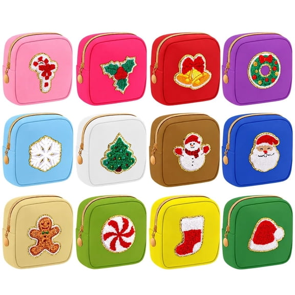 Christmas Patch Makeup Bags 6/12 Pack Xmas Pouches 12 Festive Styles Mini Holiday Pouch Cosmetic Case Festive Patterns Classic Transparent Zipper Brand: anilifier