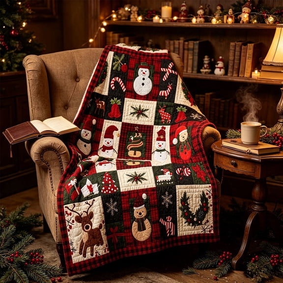 Christmas Patchwork Blanket , Snowman Christmas Tree Print,Winter Holiday Cabin Snowflake Pattern Lightweight Red Plaid Quilt for Adults Room Decor
