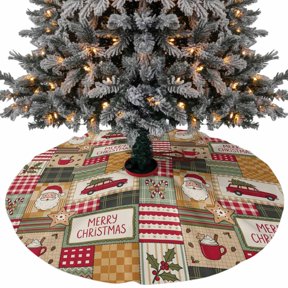 Christmas Patchwork Christmas Tree Skirt 36 Inch, Country Santa Claus Truck Red Beige Gingham Xmas Tree Skirt, Christmas Tree Mat Ornaments for Home New Year Party and Holiday Decor Supplies