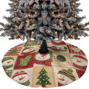 Christmas Patchwork Christmas Tree Skirt 36 Inch, Rustic Snowmen Christmas Trees Beige Green Xmas Tree Skirt, Christmas Tree Mat Ornaments for Home New Year Party and Holiday Decor Supplies