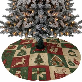 Christmas Patchwork Christmas Tree Skirt 36 Inch, Winter Xmas Tree Snowman Wreath Deer Plaid Xmas Tree Skirt, Christmas Tree Mat Ornaments for Home New Year Party and Holiday Decor Supplies
