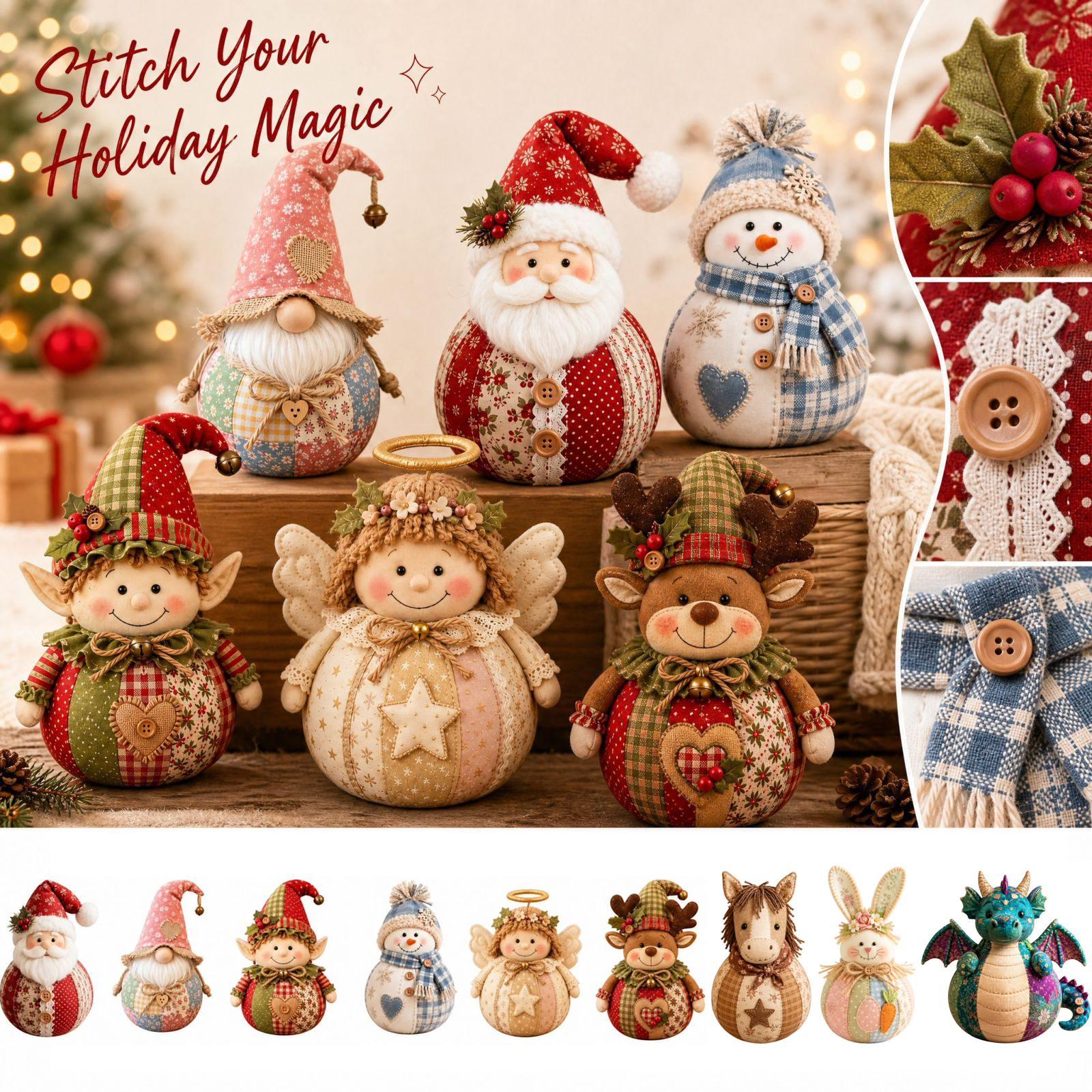 Christmas Patchwork Fabric Doll DIY Kit Pick 1 Of 9 Styles Pre Cut 