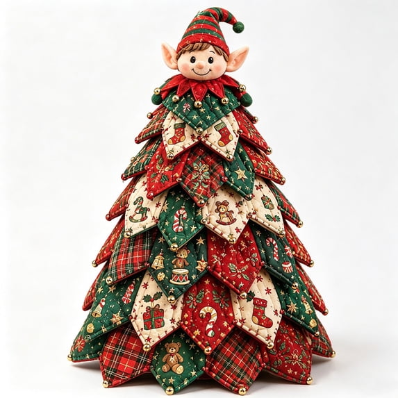 Christmas Patchwork Fabric Tree DIY Craft Kit,Plaid Quilted Tabletop Mini Tree Making Set With Doll Topper,Handmade Decor For Mantel,Table,Winter Holiday Home Decor A-Elf