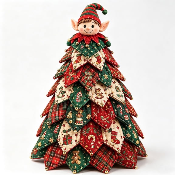 Christmas Patchwork Fabric Tree DIY Craft Kit,Plaid Quilted Tabletop Mini Tree Making Set With Doll Topper,Handmade Decor For Mantel,Table,Winter HolidayDecor A-Elf