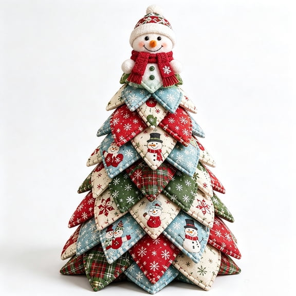 Christmas Patchwork Fabric Tree DIY Craft Kit,Plaid Quilted Tabletop Mini Tree Making Set With Doll Topper,Handmade Decor For Mantel,Table,Winter HolidayDecor A-Snowman