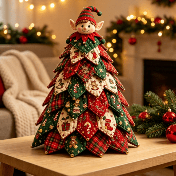 Christmas Patchwork Fabric Tree DIY Kit, Santa Claus Topper Craft, Holiday Tabletop Decoration for Mantel Shelf and Entryway (Elf)
