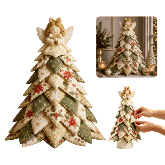 Christmas Patchwork Fabric Tree DIY Quilted Kit, Reindeer Topper Craft, Holiday Tabletop Decoration for Mantel Shelf and Entryway,F