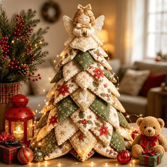Christmas Patchwork Fabric Tree DIY Quilted Kit, Reindeer Topper Craft, Holiday Tabletop Decoration for Mantel Shelf and Entryway,F