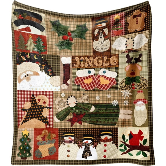 Christmas Patchwork Fleece Blanket Plush Throw for Bed Couch Sofa