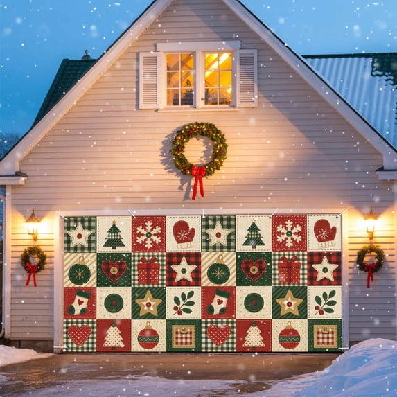 Christmas Patchwork Garage Door Banner 6.9x16 Ft, Pine Tree Snowflake ...