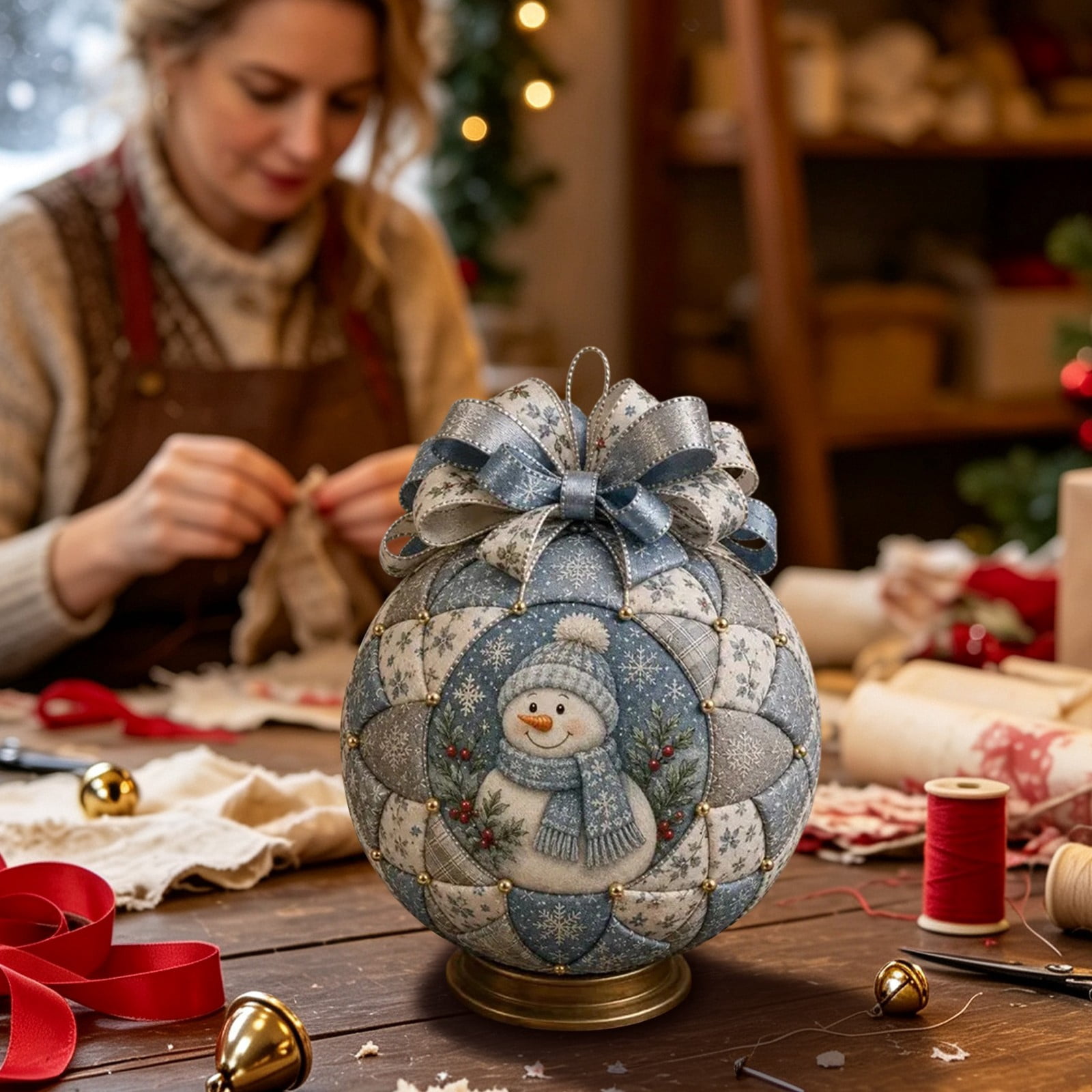 Christmas Patchwork Ornament Kit, 6.69 in Blue Snowman Fabric Ornament, DIY Quilted Holiday Craft for Tree, Shelf and Table Decor, bldnkj