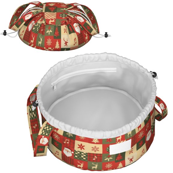 Christmas Patchwork Santa Reindeer Drawstring Makeup Bag, Cosmetic Travel Bag with Inner Pockets, Peached Fabric Gift Ideas for Work School Travel