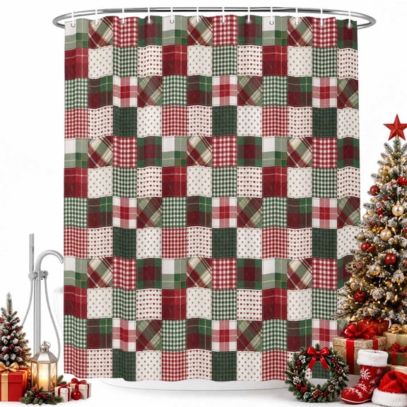Christmas Patchwork Shower Curtain for Bathroom, Country Farmhouse Red Green Dot Plaid Gingham Waterproof Cloth Fabric Bathroom Accessories Set with 9 Rust Proof Plastic Hooks, 36"x72"