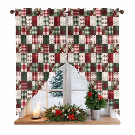 Christmas Patchwork Swag Curtain Valances for Kitchen, Country Farmhouse Red Green Dot Plaid Gingham Rod Pocket Curtains Window Treatment Swag Valance for Bedroom Bathroom, 2 Panels 28 x 36 Inch