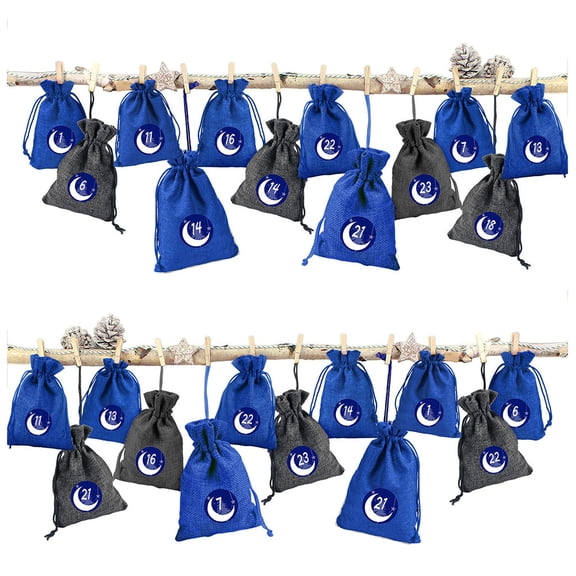 Christmas Pattern Candy Bag Advent Calendar - 24 Linen Gift Bags with Number Stickers and Wooden Clamps, Ideal for Holiday Countdown Decorations, Wall Hanging, Tree Ornaments black