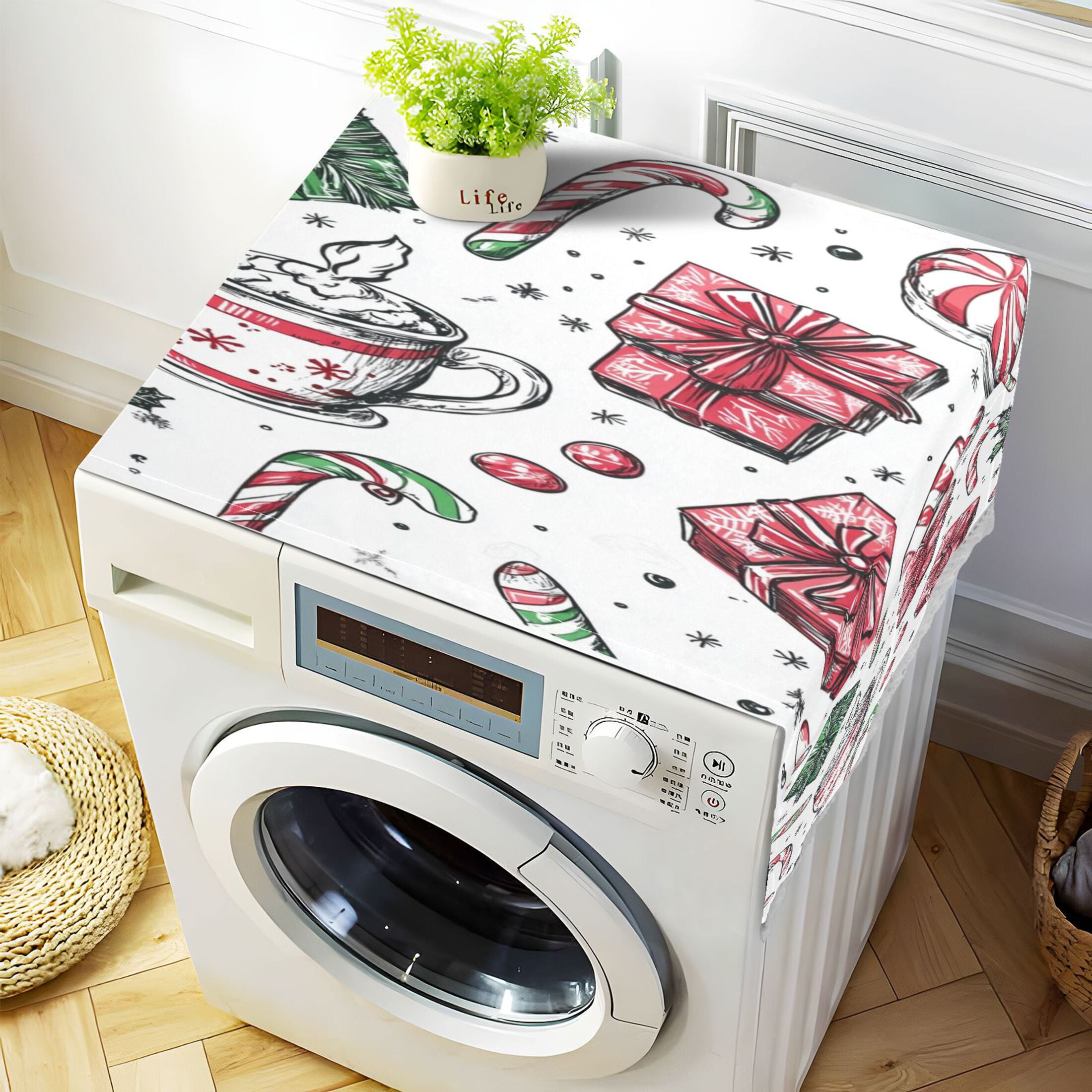 Christmas Pattern with Candy CanesWasher and Dryer Covers Dust-Proof and Oil Resistant Fridge Cover with 4 Storage Pockets Washing Machine Top Cover for Laundry Kitchen Home 51.2 x 22 In