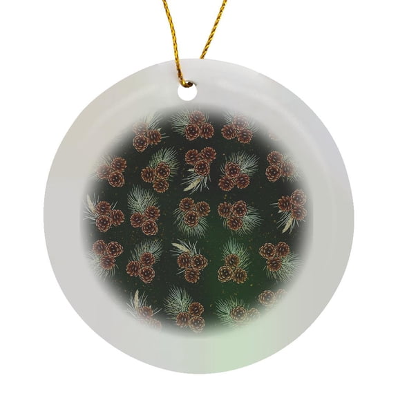 3drose, Christmas Pattern of Bunches of Pine Cones, Green Needles on Green, Circle Porcelain Ornament
