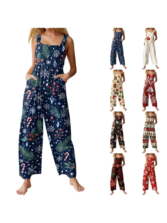 Christmas Pattern Overalls Womens Sleeveless Square Neck Wide Leg Loose Fit Jumpsuits With Side Pockets