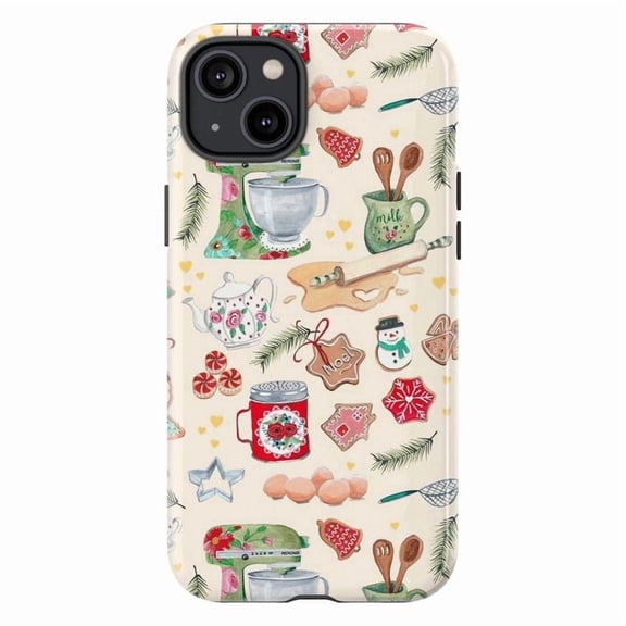 Christmas Pattern Phone Case with Christmas Cookies, Mixer, Rolling Pin, Teapot & Festive Decorations, Cute Winter Kitchen Pattern Cover for iPhone 16 15 14 13 12 11 Pro Max Mini